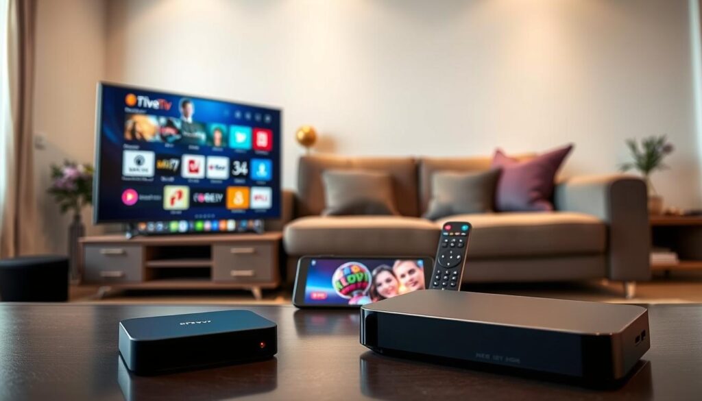 A sleek and modern living room setup showcasing various IPTV devices compatible with IPTVVUK.COM services. In the foreground, highlight a smart TV displaying a vibrant streaming interface, flanked by a compact streaming box and a tablet. In the middle ground, feature a comfortable sofa with a stylish remote control resting on it. In the background, display a clean, neutral-colored wall with subtle decorative elements, lighting that suggests a cozy evening atmosphere. The composition should have a warm glow, emphasizing the inviting nature of home entertainment. Angle the shot slightly from above to create depth, ensuring the focus remains on the devices while capturing the essence of modern home streaming.