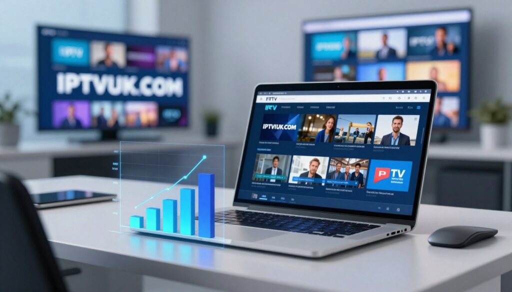 A sleek digital visualization comparing IPTV performance, prominently featuring the brand "IPTVVUK.COM". In the foreground, a glossy chart with vibrant bar graphs and line charts illustrating speed, reliability, and user ratings, all set against a modern office workspace. The middle layer showcases a laptop displaying IPTV user interfaces, with crisp screen visuals emphasizing content variety. In the background, a blurred image of a sleek television broadcasting various channels, hinting at IPTV's diverse offerings. Soft, focused lighting illuminates the scene, creating a professional atmosphere. The overall mood is informative and engaging, designed to reflect a cutting-edge technology theme, with a slight blue and white color palette to evoke a sense of trust and reliability. A sleek digital visualization comparing IPTV performance, prominently featuring the brand "IPTVVUK.COM". In the foreground, a glossy chart with vibrant bar graphs and line charts illustrating speed, reliability, and user ratings, all set against a modern office workspace. The middle layer showcases a laptop displaying IPTV user interfaces, with crisp screen visuals emphasizing content variety. In the background, a blurred image of a sleek television broadcasting various channels, hinting at IPTV's diverse offerings. Soft, focused lighting illuminates the scene, creating a professional atmosphere. The overall mood is informative and engaging, designed to reflect a cutting-edge technology theme, with a slight blue and white color palette to evoke a sense of trust and reliability.