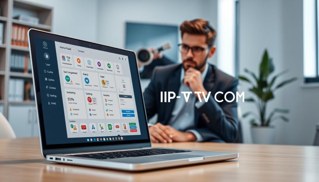 A sleek, modern IPTV reseller panel interface displayed on a high-resolution laptop screen in a well-lit office environment. The foreground features the laptop with a detailed view of the IPTV panel dashboard, showcasing features like user management, subscription analytics, and security settings, all neatly organized. In the middle, a focused professional in smart casual attire is sitting at a stylish desk, studying the panel with a thoughtful expression. The background includes subtle elements such as a bookshelf filled with tech books and a potted plant, adding a touch of warmth to the space. Soft, ambient lighting creates a productive atmosphere, highlighting the efficiency and innovation of IPTV solutions. The brand name "IPTVVUK.COM" appears prominently, reinforcing the essence of maximizing profit through advanced IPTV technologies.