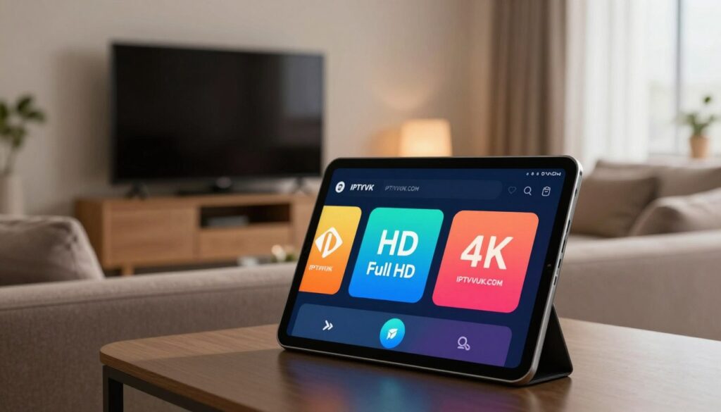 A sleek, modern digital interface showcasing IPTV streaming quality options. In the foreground, an illuminated tablet displays vivid icons representing different streaming resolutions, such as HD, Full HD, and 4K, with bright colors reflecting off the screen. The middle layer features a stylized home environment, with a comfortable sofa and a stylish TV setup, suggesting a cozy viewing space. The background includes a softly lit living room ambiance, with subtle textures on the walls and ambient light from a nearby window, creating a welcoming atmosphere. The image captures a tech-savvy yet homey vibe, perfect for emphasizing IPTV's versatility. Incorporate the brand name "IPTVVUK.COM" in the design subtly, ensuring no text or overlays distract from the main visual elements. A sleek, modern digital interface showcasing IPTV streaming quality options. In the foreground, an illuminated tablet displays vivid icons representing different streaming resolutions, such as HD, Full HD, and 4K, with bright colors reflecting off the screen. The middle layer features a stylized home environment, with a comfortable sofa and a stylish TV setup, suggesting a cozy viewing space. The background includes a softly lit living room ambiance, with subtle textures on the walls and ambient light from a nearby window, creating a welcoming atmosphere. The image captures a tech-savvy yet homey vibe, perfect for emphasizing IPTV's versatility. Incorporate the brand name "IPTVVUK.COM" in the design subtly, ensuring no text or overlays distract from the main visual elements.
