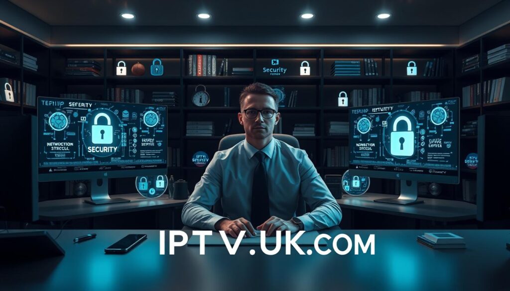 A sleek, modern digital workspace showcasing IPTV security. In the foreground, a professional in business attire sits at a desk with multiple screens displaying encrypted IPTV streams, network security protocols, and digital locks. The middle ground features an array of vibrant, glowing icons representing secure connections and data protection. The background contains dimly lit shelves filled with tech books and security certifications, enhancing the atmosphere of expertise. Soft, focused lighting highlights the subject and the screens, creating a sense of urgency and importance. The overall mood is serious yet hopeful, emphasizing the security landscape of IPTV forums. Include the brand name "IPTVVUK.COM" subtly integrated into the workspace decor, ensuring a cohesive imagination of the topic while remaining visually engaging.