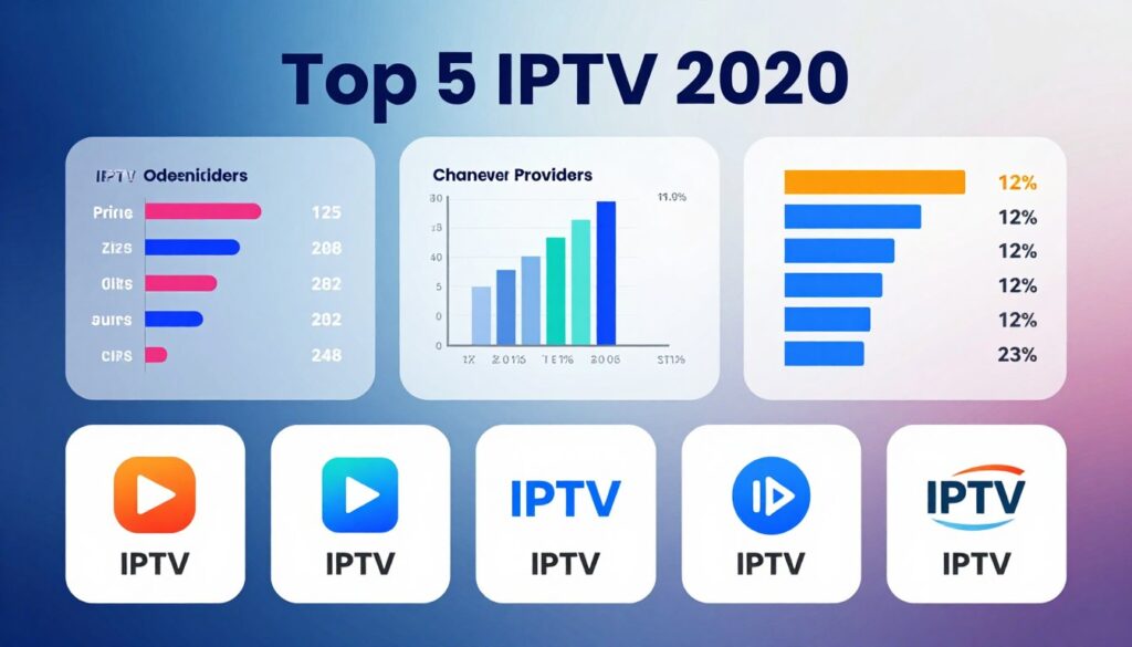 A sleek, modern infographic illustrating the comparison of the top 5 IPTV providers in the UK for 2020. In the foreground, display icons or logos representing each IPTV provider, arranged neatly with an organized layout. In the middle ground, include visually engaging charts or graphs showcasing key features like pricing, channel offerings, and user ratings, all in a colorful palette for clarity. The background should feature a subtle gradient of blue and white to enhance readability, suggesting a tech-savvy atmosphere. Soft, focused lighting highlights each provider’s data, creating a professional and informative mood. Ensure a clean finish, free of text overlays or any branding other than “IPTVVUK.COM”.