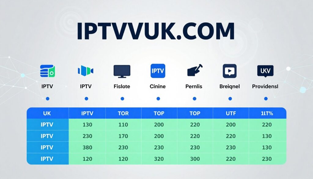 A sleek, modern infographic layout showcasing "IPTVVUK.COM" as a focal point. In the foreground, a detailed, organized table comparing IPTV pricing of top providers in the UK, with vibrant colors like blue and green for pricing schemes. In the middle, icons representing various IPTV services, each accompanied by a small logo for recognition. The background features a subtle gradient of light grey to keep the focus on the pricing table, with abstract tech-related graphics suggesting digital connectivity. Soft, diffused lighting illuminates the image, giving it a clean, professional look. The overall atmosphere is analytical and informative, aimed at helping readers easily compare options. A sleek, modern infographic layout showcasing "IPTVVUK.COM" as a focal point. In the foreground, a detailed, organized table comparing IPTV pricing of top providers in the UK, with vibrant colors like blue and green for pricing schemes. In the middle, icons representing various IPTV services, each accompanied by a small logo for recognition. The background features a subtle gradient of light grey to keep the focus on the pricing table, with abstract tech-related graphics suggesting digital connectivity. Soft, diffused lighting illuminates the image, giving it a clean, professional look. The overall atmosphere is analytical and informative, aimed at helping readers easily compare options.