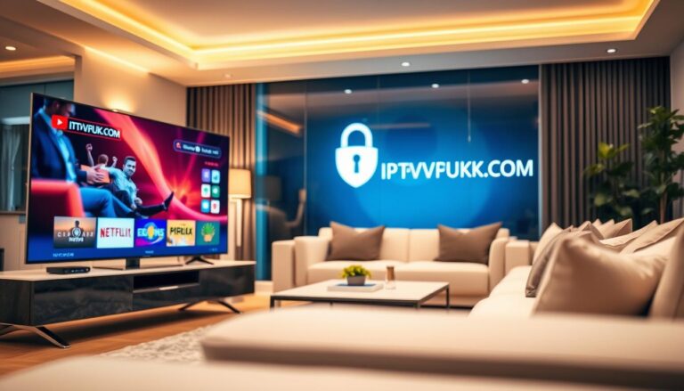 A sleek, modern living room setting as the foreground, showcasing a smart TV displaying an IPTV streaming interface with vibrant graphics. In the middle ground, a stylish sofa with a family enjoying the service, all dressed in professional business attire, embodying a sense of comfort and security. The background features contemporary decor with soft, ambient lighting to create a warm atmosphere. The scene should reflect the theme of "Secure and Affordable Streaming" by incorporating visual elements such as a digital security symbol subtly integrated into the design. Bright, inviting colors enhance the mood, while a slight focus blur emphasizes the IPTVVUK.COM brand logo displayed on the TV screen. The perspective should be slightly angled to capture the entire scene effectively.