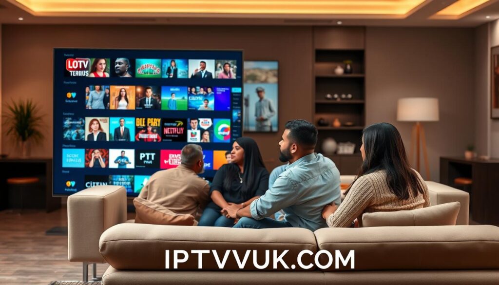 A sleek, modern living room setup represents the essence of international content streaming. In the foreground, a stylish flat-screen TV displays a vibrant array of channels, showcasing diverse cultural programming from around the globe, including a blend of thrilling action, captivating dramas, and engaging documentaries. In the middle ground, people of various ethnic backgrounds sit comfortably on a contemporary couch, dressed in modest casual clothing, their expressions reflecting intrigue and enjoyment as they explore the content. The background features a beautifully decorated space with ambient lighting, setting a warm and inviting atmosphere that highlights the importance of IPTV for cord-cutters. The overall mood is one of connection and enjoyment, emphasizing the global accessibility of entertainment. In the bottom corner, the brand name "IPTVVUK.COM" is subtly integrated into the design. A sleek, modern living room setup represents the essence of international content streaming. In the foreground, a stylish flat-screen TV displays a vibrant array of channels, showcasing diverse cultural programming from around the globe, including a blend of thrilling action, captivating dramas, and engaging documentaries. In the middle ground, people of various ethnic backgrounds sit comfortably on a contemporary couch, dressed in modest casual clothing, their expressions reflecting intrigue and enjoyment as they explore the content. The background features a beautifully decorated space with ambient lighting, setting a warm and inviting atmosphere that highlights the importance of IPTV for cord-cutters. The overall mood is one of connection and enjoyment, emphasizing the global accessibility of entertainment. In the bottom corner, the brand name "IPTVVUK.COM" is subtly integrated into the design.