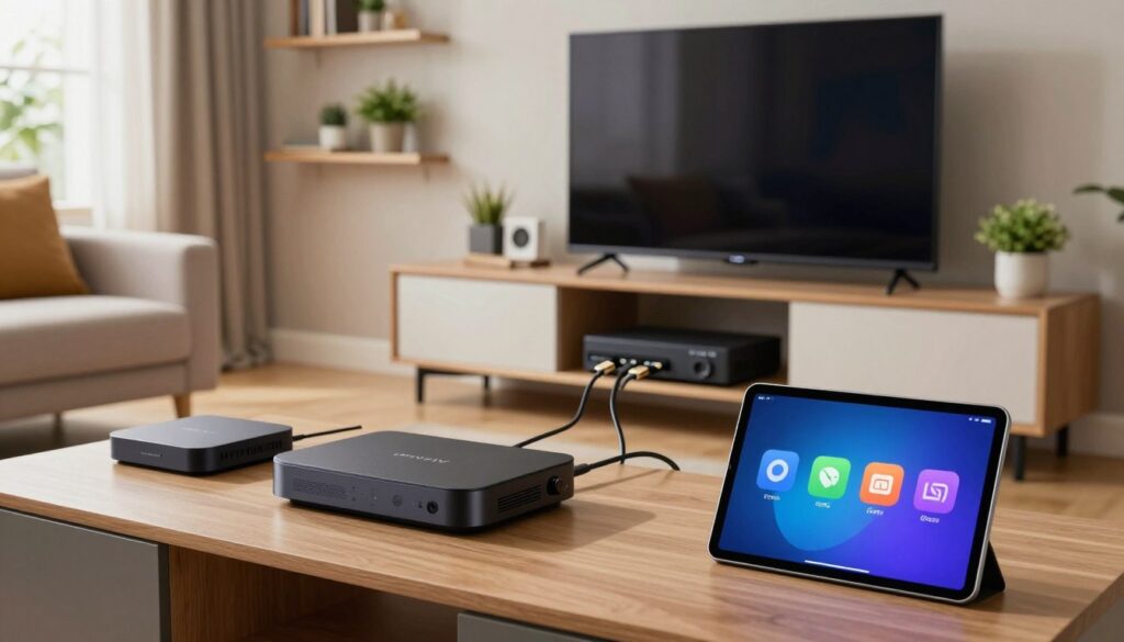A sleek, modern living room setup showcasing various IPTV devices for compatibility: a Smart TV, a streaming box, and a tablet prominently displayed in the foreground. The middle ground features an entertainment center with open storage revealing a set-top box and HDMI cables organized neatly. In the background, a cozy couch and an ambient shelf with decorative plants create a warm, inviting atmosphere. The lighting is soft and natural, coming from a window, enhancing the mood of comfort and connectivity. A subtle textural detail on the walls adds depth, while the brand name "IPTVVUK.COM" is incorporated stylishly into the scene. The angle is slightly elevated to capture the entire setup, inviting viewers to explore device compatibility for IPTV services. A sleek, modern living room setup showcasing various IPTV devices for compatibility: a Smart TV, a streaming box, and a tablet prominently displayed in the foreground. The middle ground features an entertainment center with open storage revealing a set-top box and HDMI cables organized neatly. In the background, a cozy couch and an ambient shelf with decorative plants create a warm, inviting atmosphere. The lighting is soft and natural, coming from a window, enhancing the mood of comfort and connectivity. A subtle textural detail on the walls adds depth, while the brand name "IPTVVUK.COM" is incorporated stylishly into the scene. The angle is slightly elevated to capture the entire setup, inviting viewers to explore device compatibility for IPTV services.
