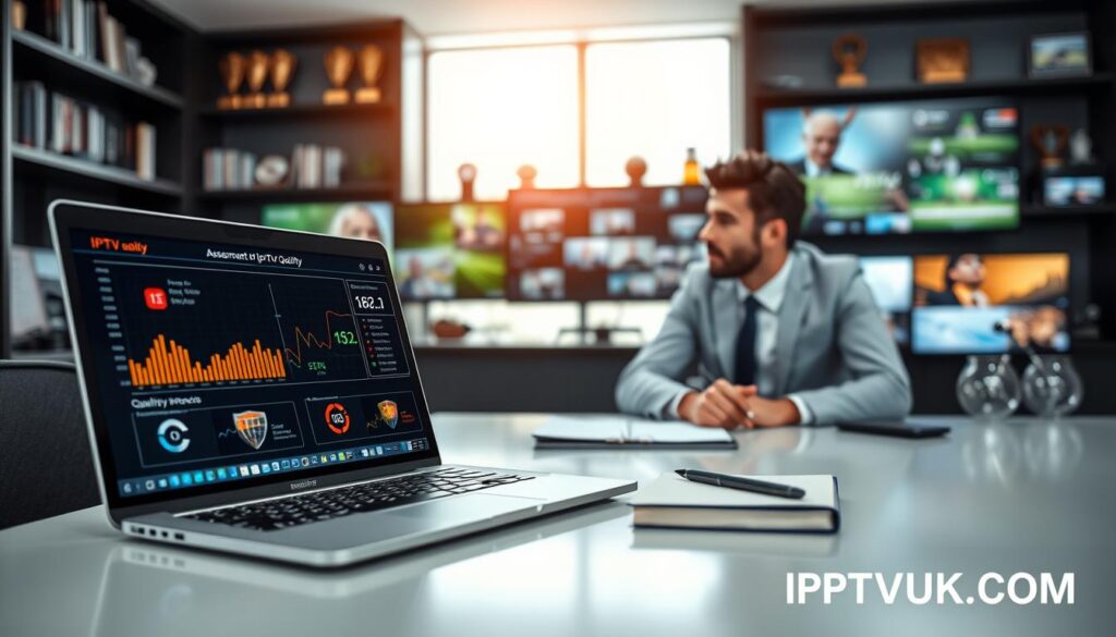 A sleek, modern workspace showcasing the assessment of IPTV quality. In the foreground, a detailed laptop open to a vibrant user interface displaying live streaming statistics and performance metrics. A professional in business attire, focused and engaged, is seated at the desk, analyzing data with a notebook and pen nearby. The middle ground features high-quality monitors displaying a range of IPTV services, with clear visuals of different channels. The background is softly blurred, revealing shelves containing tech books and awards for innovation in technology. The lighting is bright and natural, casting soft shadows, and creating an inviting atmosphere. Enhance the focus on the elements of technology and assessment processes while embodying a sense of professionalism and expertise. Incorporate subtle branding for "IPTVVUK.COM" within the scene. A sleek, modern workspace showcasing the assessment of IPTV quality. In the foreground, a detailed laptop open to a vibrant user interface displaying live streaming statistics and performance metrics. A professional in business attire, focused and engaged, is seated at the desk, analyzing data with a notebook and pen nearby. The middle ground features high-quality monitors displaying a range of IPTV services, with clear visuals of different channels. The background is softly blurred, revealing shelves containing tech books and awards for innovation in technology. The lighting is bright and natural, casting soft shadows, and creating an inviting atmosphere. Enhance the focus on the elements of technology and assessment processes while embodying a sense of professionalism and expertise. Incorporate subtle branding for "IPTVVUK.COM" within the scene.