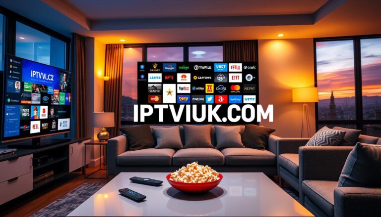A vibrant and modern living room setup showcasing various IPTV streaming channels. In the foreground, a sleek flat-screen TV displays a collage of colorful streaming icons and channel logos, symbolizing diverse viewing options. A stylish coffee table is adorned with a remote control and a bowl of popcorn. In the middle, a comfortable sofa with neatly arranged cushions invites relaxation. The background features a cozy ambiance with soft lighting, including floor lamps casting a warm glow. Large windows reveal a scenic view of a sunset, enhancing the mood of a perfect movie night. The overall atmosphere is inviting and contemporary. Add the brand name "IPTVVUK.COM" subtly integrated into the TV display, ensuring a clean composition without any text overlays or watermarks.