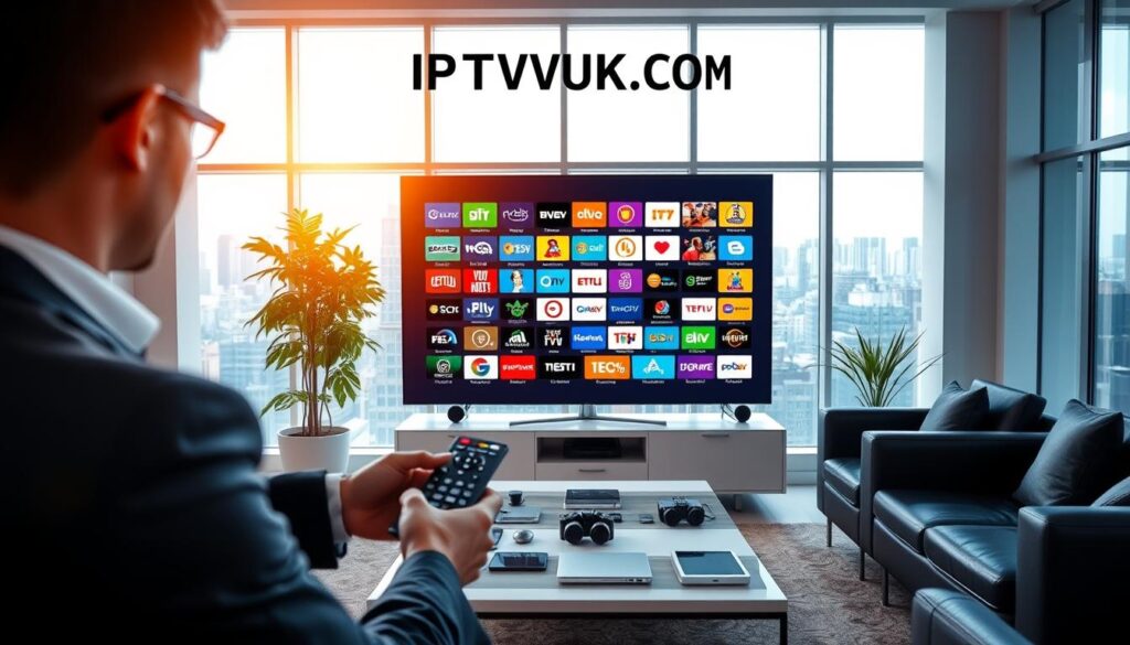 A vibrant and modern workspace featuring a sleek flat-screen television displaying a grid of colorful IPTV channel icons, symbolizing the diversity and evolution of legal streaming options. In the foreground, a professional individual, dressed in business attire, interacts with a remote control, highlighting engagement with the IPTV experience. The middle ground includes stylish furniture and a coffee table adorned with tech gadgets, creating a contemporary ambiance. In the background, large windows allow soft natural light to illuminate the space, promoting a sense of openness and connectivity. The mood is dynamic and forward-thinking, embodying the innovative nature of IPTV portals. The brand name "IPTVVUK.COM" is subtly incorporated into the design elements without detracting from the overall composition.