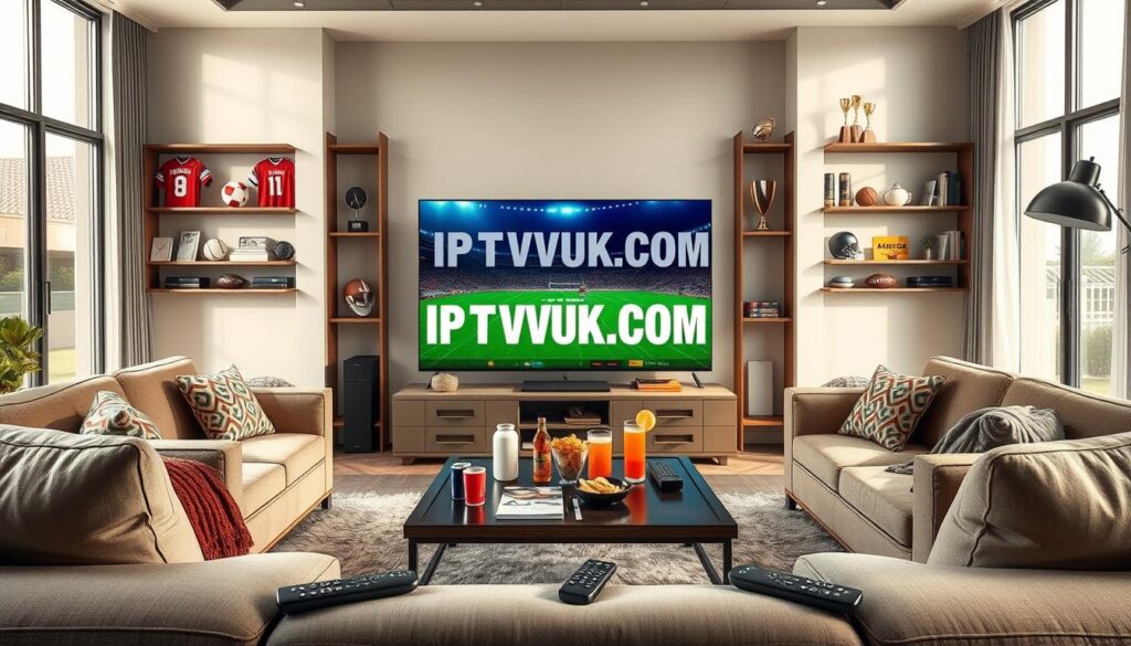 A vibrant living room scene designed for sports enthusiasts, showcasing IPTV gear. In the foreground, a sleek modern television displays a sports match, surrounded by comfortable seating and high-tech remote controls. The middle ground features a stylish coffee table adorned with snacks and drinks, indicating a game day atmosphere. In the background, shelves filled with sports memorabilia, such as jerseys and trophies, enhance the theme. Soft, natural lighting streams in from large windows, creating an inviting ambiance. A wide-angle perspective captures the entire scene, emphasizing the excitement of sports streaming. The prominent brand logo “IPTVVUK.COM” is subtly integrated into the television display. The overall mood is energetic and celebratory, perfect for a group of friends enjoying live sports from the comfort of home. A vibrant living room scene designed for sports enthusiasts, showcasing IPTV gear. In the foreground, a sleek modern television displays a sports match, surrounded by comfortable seating and high-tech remote controls. The middle ground features a stylish coffee table adorned with snacks and drinks, indicating a game day atmosphere. In the background, shelves filled with sports memorabilia, such as jerseys and trophies, enhance the theme. Soft, natural lighting streams in from large windows, creating an inviting ambiance. A wide-angle perspective captures the entire scene, emphasizing the excitement of sports streaming. The prominent brand logo “IPTVVUK.COM” is subtly integrated into the television display. The overall mood is energetic and celebratory, perfect for a group of friends enjoying live sports from the comfort of home.