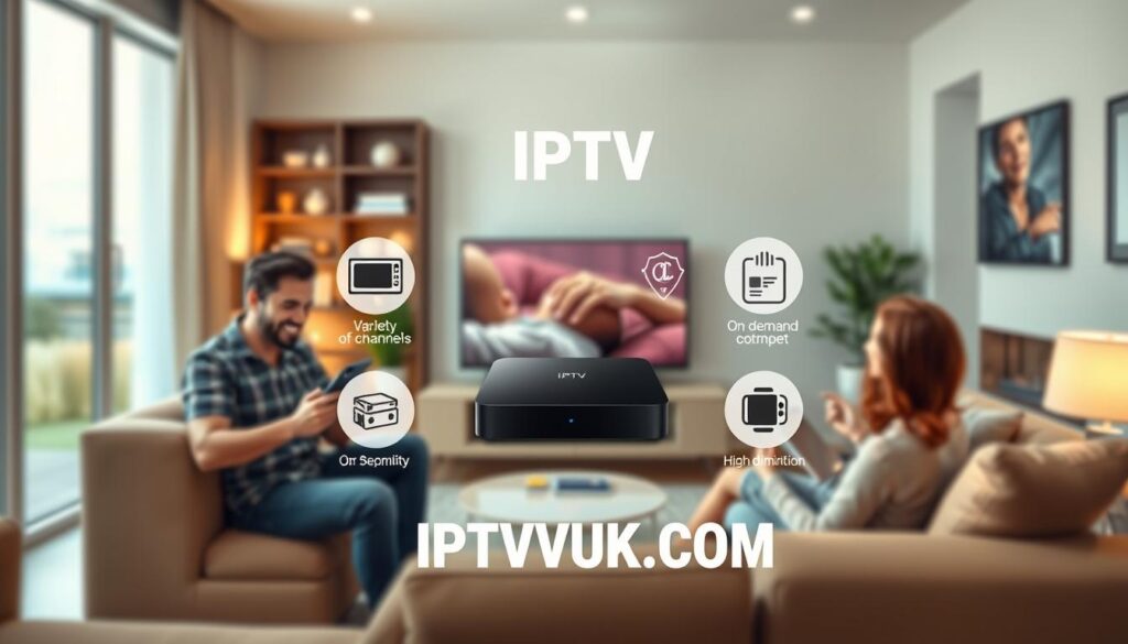 A visually engaging illustration representing the benefits of IPTV services. In the foreground, showcase a family of four gathered around a cozy living room, each member enjoying a different device—TV, tablet, smartphone, and laptop—streaming their favorite shows with smiles on their faces. In the middle, depict a sleek IPTV streaming device alongside icons symbolizing key benefits: variety of channels, on-demand content, cost-effectiveness, and high-definition quality. The background features a stylish modern home with soft, ambient lighting creating a warm and inviting atmosphere. Use a slight depth of field effect to emphasize the family while keeping the benefits visually clear, ensuring a balanced composition. The image should reflect a sense of satisfaction and modern living associated with IPTV services. Include the brand name "IPTVVUK.COM" subtly integrated into the scene, enhancing the overall theme without distractions. A visually engaging illustration representing the benefits of IPTV services. In the foreground, showcase a family of four gathered around a cozy living room, each member enjoying a different device—TV, tablet, smartphone, and laptop—streaming their favorite shows with smiles on their faces. In the middle, depict a sleek IPTV streaming device alongside icons symbolizing key benefits: variety of channels, on-demand content, cost-effectiveness, and high-definition quality. The background features a stylish modern home with soft, ambient lighting creating a warm and inviting atmosphere. Use a slight depth of field effect to emphasize the family while keeping the benefits visually clear, ensuring a balanced composition. The image should reflect a sense of satisfaction and modern living associated with IPTV services. Include the brand name "IPTVVUK.COM" subtly integrated into the scene, enhancing the overall theme without distractions.