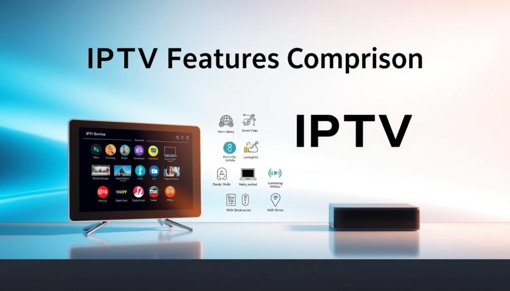A visually striking infographic illustrating "IPTV Features Comparison," designed for an informative article. In the foreground, depict a sleek tablet or smart TV screen displaying various IPTV service icons, such as content libraries, device compatibility, and streaming quality. The middle layer should feature stylized icons representing key features like parental controls, user-friendly interface, and multi-device access, creatively arranged in an engaging layout. In the background, use soft gradients of blue and white to create a tech-savvy atmosphere, suggesting innovation and modernity. Incorporate the brand name "IPTVVUK.COM" subtly in the design without text overlays. The lighting should be bright yet soft, casting an inviting glow. Aim for a professional, informative, and visually appealing aesthetic that captures the essence of IPTV subscription features. A visually striking infographic illustrating "IPTV Features Comparison," designed for an informative article. In the foreground, depict a sleek tablet or smart TV screen displaying various IPTV service icons, such as content libraries, device compatibility, and streaming quality. The middle layer should feature stylized icons representing key features like parental controls, user-friendly interface, and multi-device access, creatively arranged in an engaging layout. In the background, use soft gradients of blue and white to create a tech-savvy atmosphere, suggesting innovation and modernity. Incorporate the brand name "IPTVVUK.COM" subtly in the design without text overlays. The lighting should be bright yet soft, casting an inviting glow. Aim for a professional, informative, and visually appealing aesthetic that captures the essence of IPTV subscription features.
