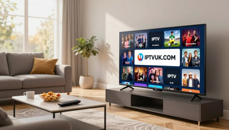 A visually striking representation of "IPTV UK Providers" showcasing a modern living room setup. In the foreground, a high-resolution television screen displays the "IPTVVUK.COM" logo prominently, surrounded by popular UK media icons like football, movies, and series. In the middle, there are sleek, stylish furniture arrangements, including a comfortable sofa, a coffee table with snacks, and remote controls, emphasizing a cozy viewing environment. In the background, large windows let in warm sunlight, creating a welcoming atmosphere with subtle reflections on the television screen. The lighting is bright and inviting, using soft, natural daylight, enhancing the overall sense of enjoyment associated with IPTV services. The mood is relaxed and engaging, ideal for family entertainment. No text or annotations present.