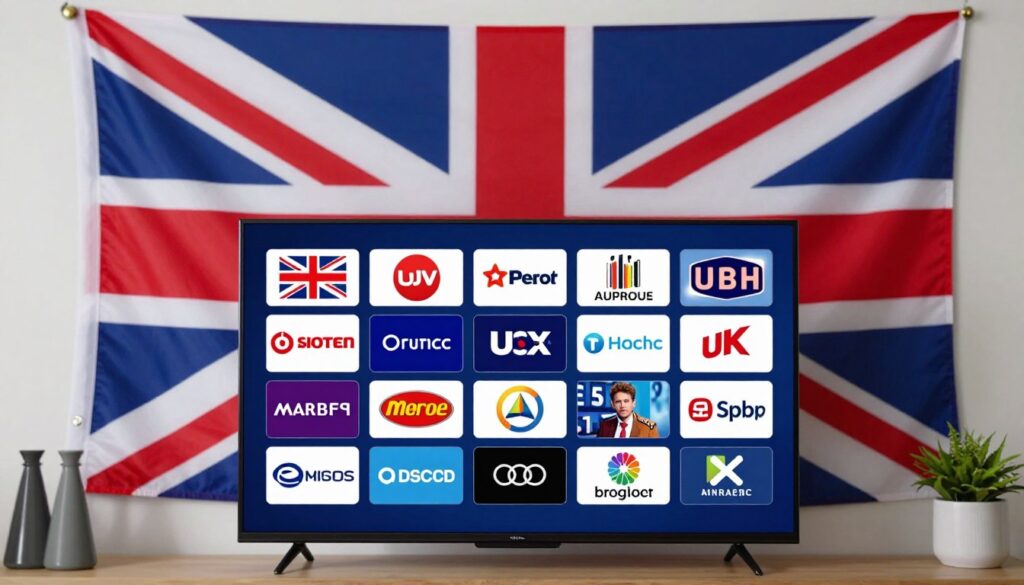 An image of a British flag with a TV screen displaying various UK channels An image of a British flag with a TV screen displaying various UK channels
