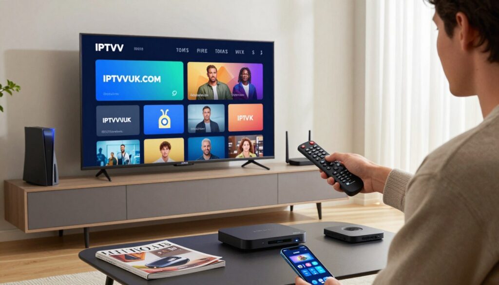 An interior setting featuring a sleek, modern living room with a stylish TV setup, prominently displaying a user-friendly IPTV interface on the screen. In the foreground, a professional looking individual in smart casual attire is using a remote control to navigate the configuration of IPTVVUK.COM services on the TV, surrounded by various streaming devices like a set-top box, a gaming console, and a router. In the middle ground, subtle details like a coffee table with tech magazines and a smartphone with the IPTV software open can be seen. The background is softly lit with daylight filtering through sheer curtains, creating an inviting atmosphere. The overall mood is tech-savvy and contemporary, tailored for an audience interested in cutting-edge streaming solutions. An interior setting featuring a sleek, modern living room with a stylish TV setup, prominently displaying a user-friendly IPTV interface on the screen. In the foreground, a professional looking individual in smart casual attire is using a remote control to navigate the configuration of IPTVVUK.COM services on the TV, surrounded by various streaming devices like a set-top box, a gaming console, and a router. In the middle ground, subtle details like a coffee table with tech magazines and a smartphone with the IPTV software open can be seen. The background is softly lit with daylight filtering through sheer curtains, creating an inviting atmosphere. The overall mood is tech-savvy and contemporary, tailored for an audience interested in cutting-edge streaming solutions.
