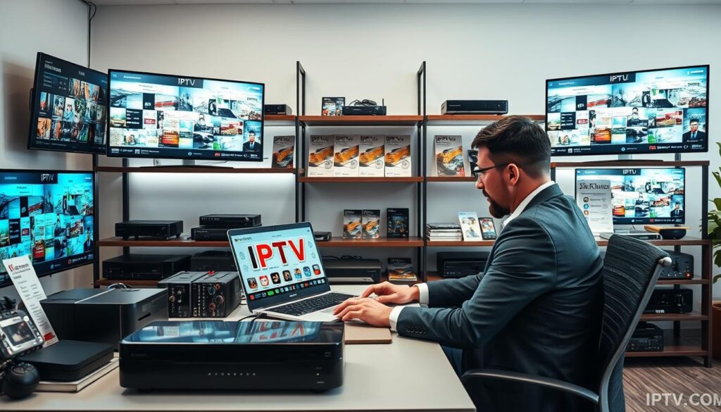 An organized workspace depicting the setup of an IPTV reseller business. In the foreground, a professional-looking individual in business attire is seated at a desk, reviewing a laptop displaying IPTV panel solutions. Surrounding them are high-tech devices like streaming boxes, routers, and monitors that show diverse channels. In the middle, shelves are stocked with relevant marketing materials and IPTV service brochures, emphasizing secure streaming options. The background features a sleek office environment with soft, natural lighting filtering through large windows, creating a welcoming atmosphere. The overall mood is focused and innovative, highlighting the potential for growth in the IPTV industry. Include a subtle branding element featuring "IPTVVUK.COM" in the workspace.