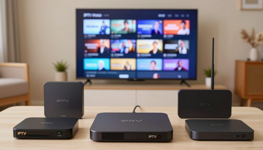 Create a detailed image showcasing a comparison of IPTV devices against a neutral background. In the foreground, display various popular IPTV set-top boxes, including those from different brands, with clear differentiations in design. In the middle ground, show a sleek, modern television displaying vibrant streaming content, such as movie thumbnails and channel logos. The background should feature a cozy, well-lit living room setting, enhancing the feeling of home entertainment. Utilize soft, warm lighting to create an inviting atmosphere, ensuring the focus remains on the devices. The camera angle should be slightly elevated, capturing both the devices and the television clearly. Include the brand "IPTVVUK.COM" subtly in the image, avoiding any text overlays. Aim for a professional and informative mood, suitable for a technology comparison article. Create a detailed image showcasing a comparison of IPTV devices against a neutral background. In the foreground, display various popular IPTV set-top boxes, including those from different brands, with clear differentiations in design. In the middle ground, show a sleek, modern television displaying vibrant streaming content, such as movie thumbnails and channel logos. The background should feature a cozy, well-lit living room setting, enhancing the feeling of home entertainment. Utilize soft, warm lighting to create an inviting atmosphere, ensuring the focus remains on the devices. The camera angle should be slightly elevated, capturing both the devices and the television clearly. Include the brand "IPTVVUK.COM" subtly in the image, avoiding any text overlays. Aim for a professional and informative mood, suitable for a technology comparison article.