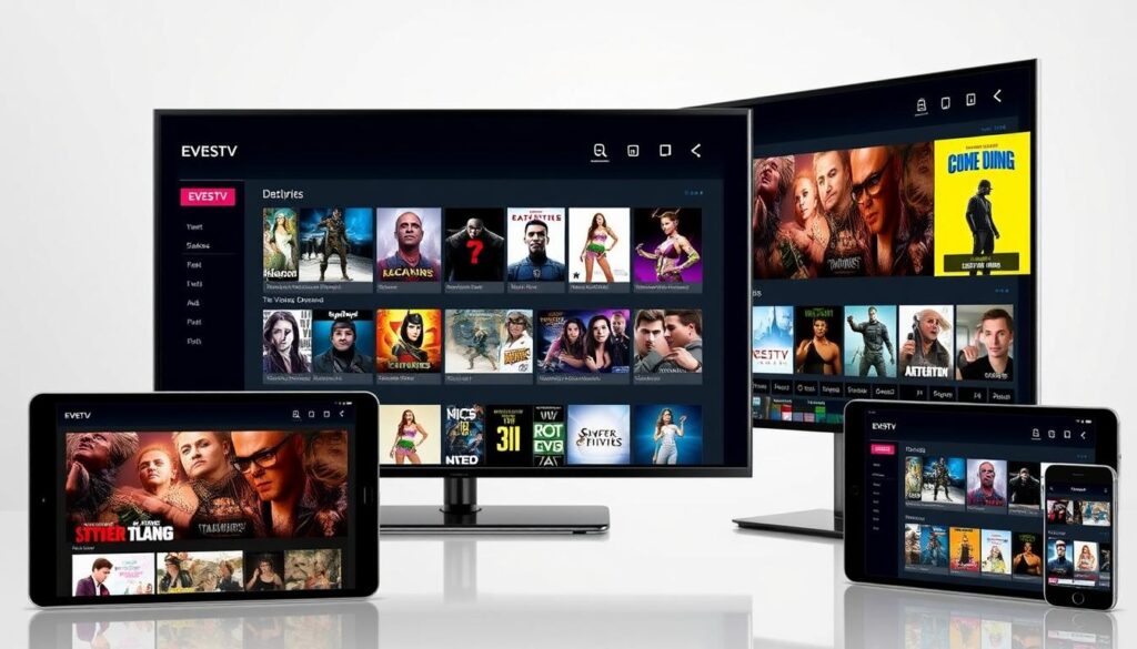 Generate an image depicting the EVESTV IPTV interface on a variety of devices, showcasing its extensive VOD library.