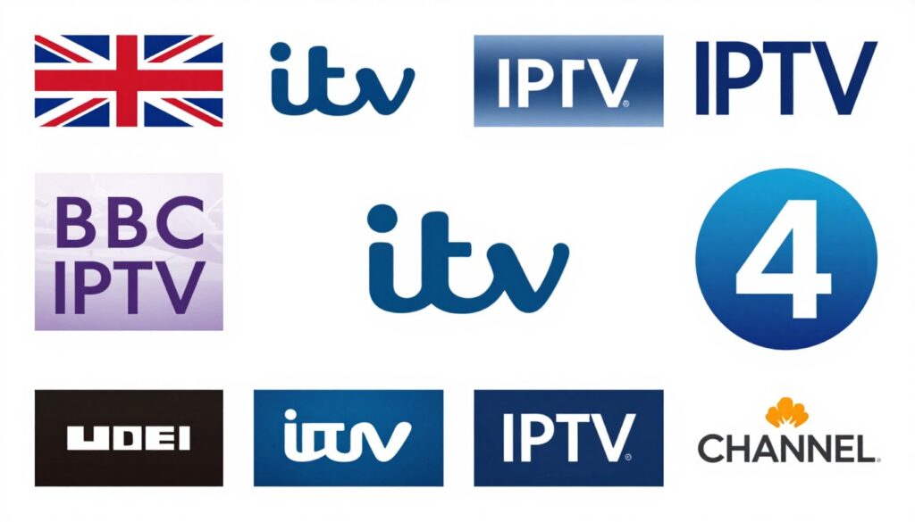 Generate an image of British IPTV's channel lineup, focusing on UK-specific channels like BBC, ITV, and Channel 4. Generate an image of British IPTV's channel lineup, focusing on UK-specific channels like BBC, ITV, and Channel 4.