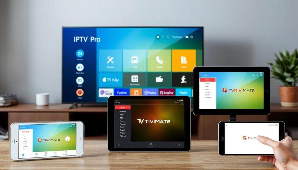 Generate an image of IPTV Pro interface on a TV screen next to TiviMate and XC IPTV Players on different devices.