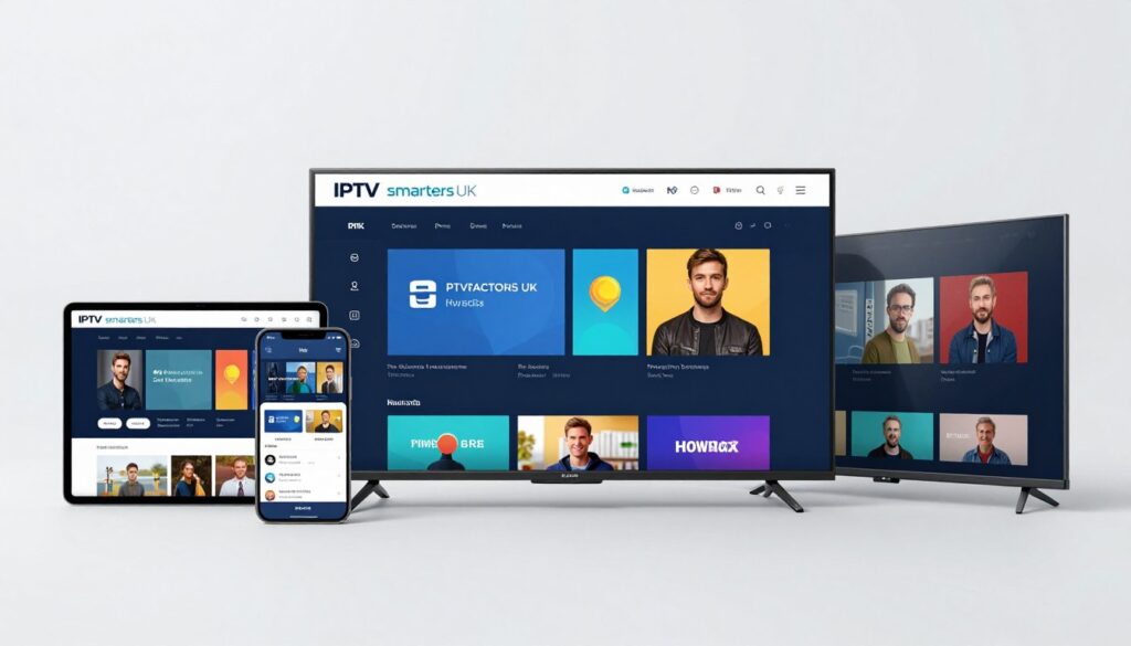 Generate an image of IPTV Smarters UK interface on various devices Generate an image of IPTV Smarters UK interface on various devices