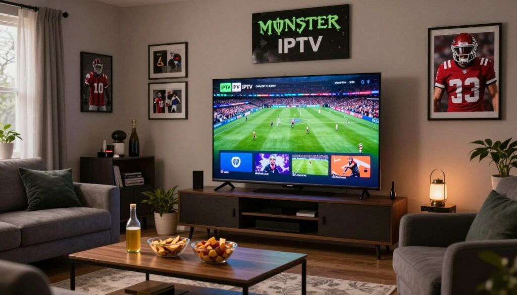 Generate an image of Monster IPTV's sports channel lineup on a sports enthusiast's TV. Generate an image of Monster IPTV's sports channel lineup on a sports enthusiast's TV.