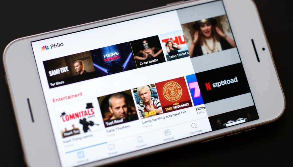 Generate an image of Philo's channel lineup on a mobile device, highlighting entertainment and lifestyle channels.