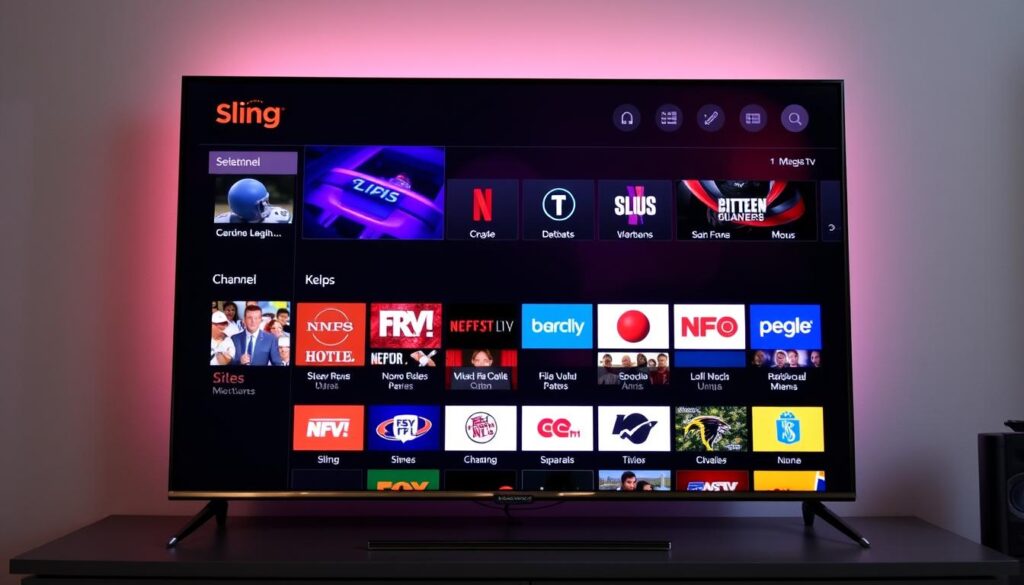 Generate an image of Sling TV's interface on a TV screen, showcasing various channel options.