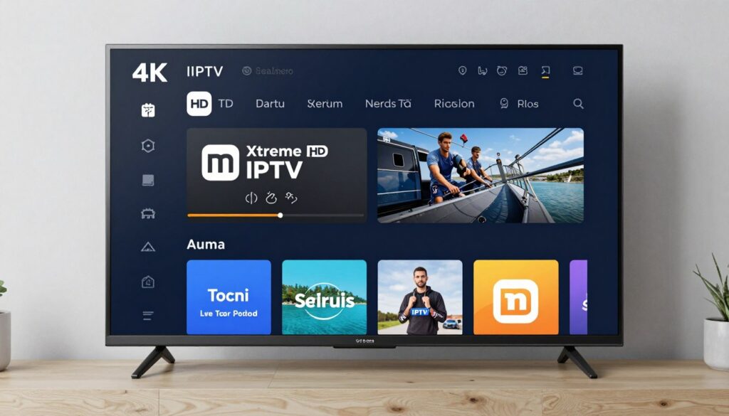Generate an image of Xtreme HD IPTV's clean interface on a 4K TV, highlighting its streaming quality. Generate an image of Xtreme HD IPTV's clean interface on a 4K TV, highlighting its streaming quality.
