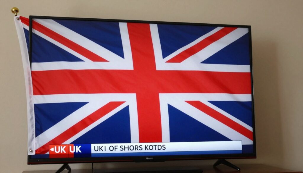 Generate an image of a British flag waving alongside a TV screen showing local UK channels Generate an image of a British flag waving alongside a TV screen showing local UK channels