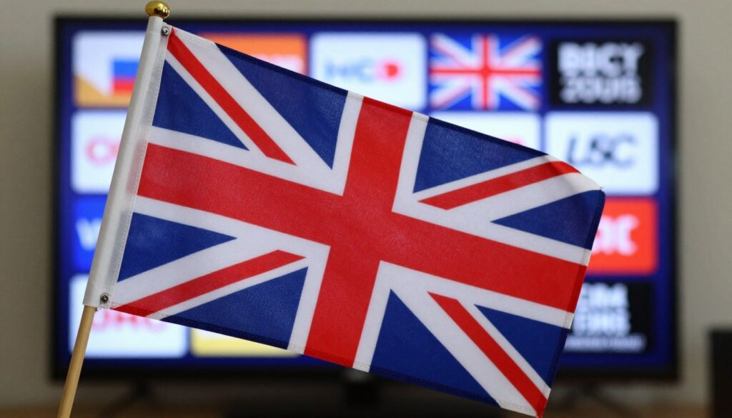Generate an image of a British flag waving with a TV screen displaying various UK channels in the background.