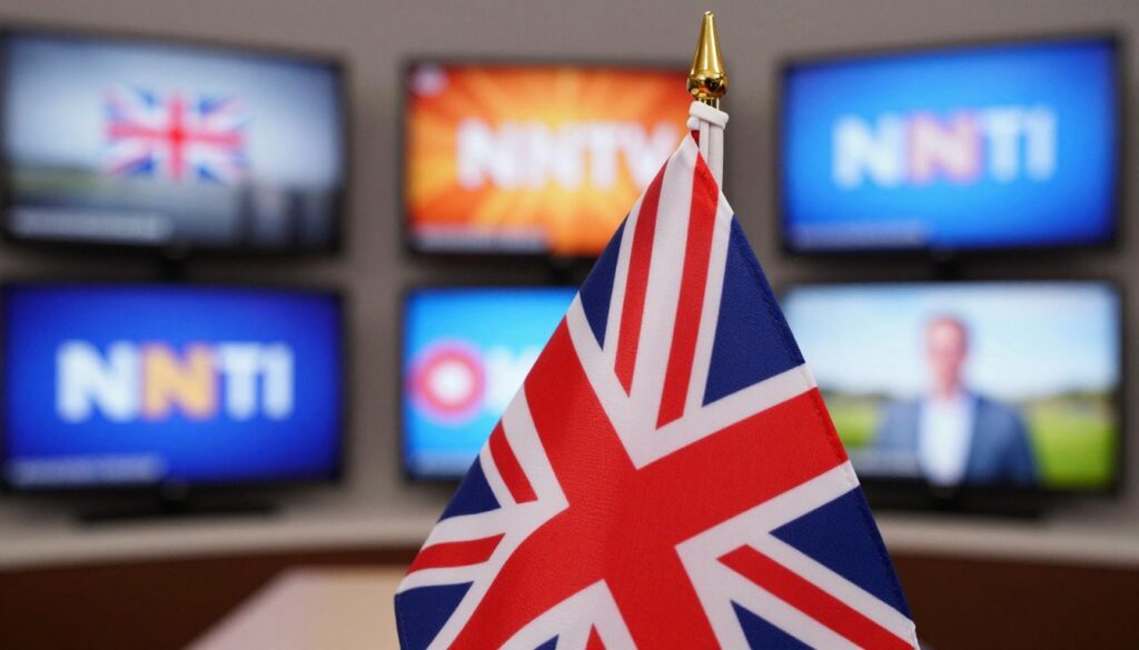 Generate an image of a British flag with TV screens in the background displaying various UK channels. Generate an image of a British flag with TV screens in the background displaying various UK channels.