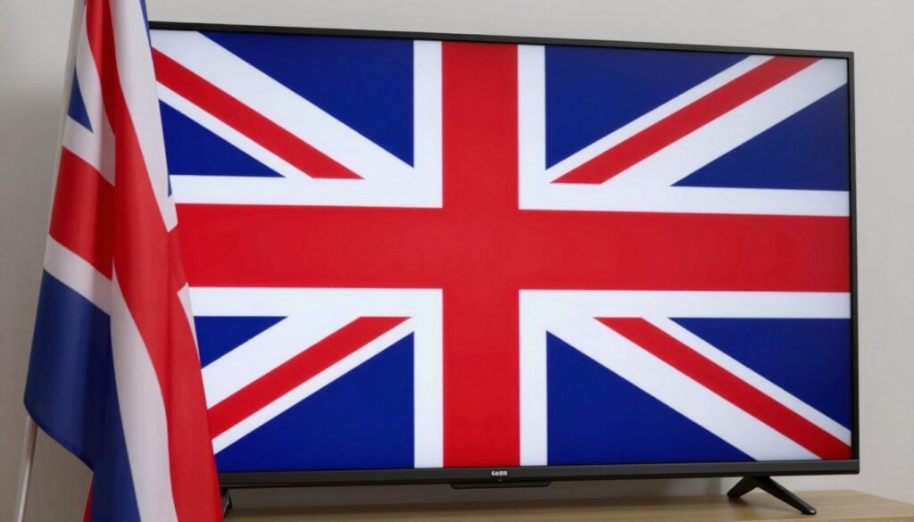Generate an image of a British flag with a TV screen displaying UK channels