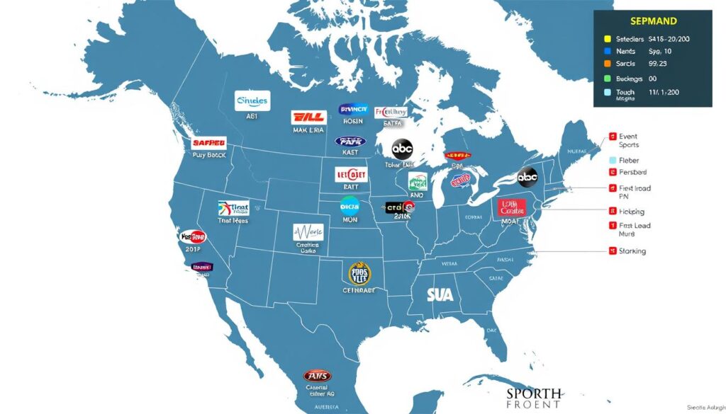 Generate an image of a North American map with various channels and sports events highlighted. Generate an image of a North American map with various channels and sports events highlighted.