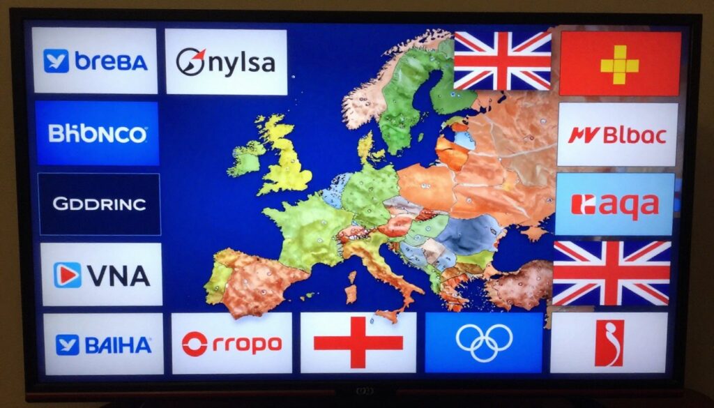 Generate an image of a TV displaying multiple European channels alongside UK channels. Generate an image of a TV displaying multiple European channels alongside UK channels.