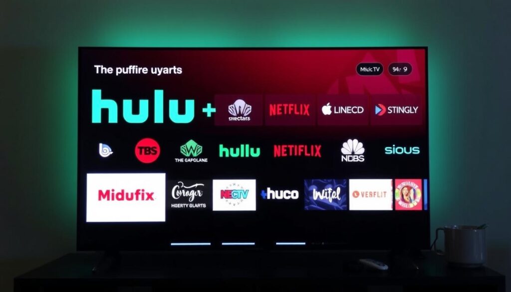 Generate an image of a TV screen displaying Hulu + Live TV's channel lineup.