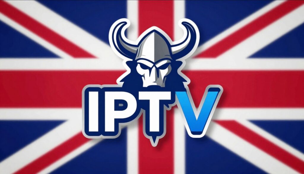 Generate an image of a Viking IPTV logo with a British flag in the background Generate an image of a Viking IPTV logo with a British flag in the background