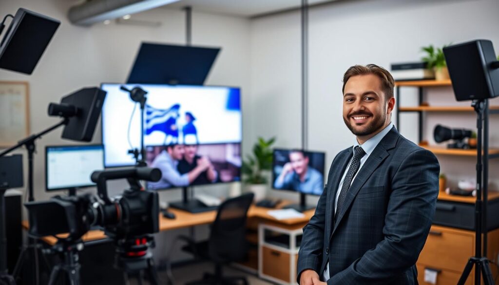 Generate an image of a budget-friendly streaming setup with a satisfied customer. Generate an image of a budget-friendly streaming setup with a satisfied customer.