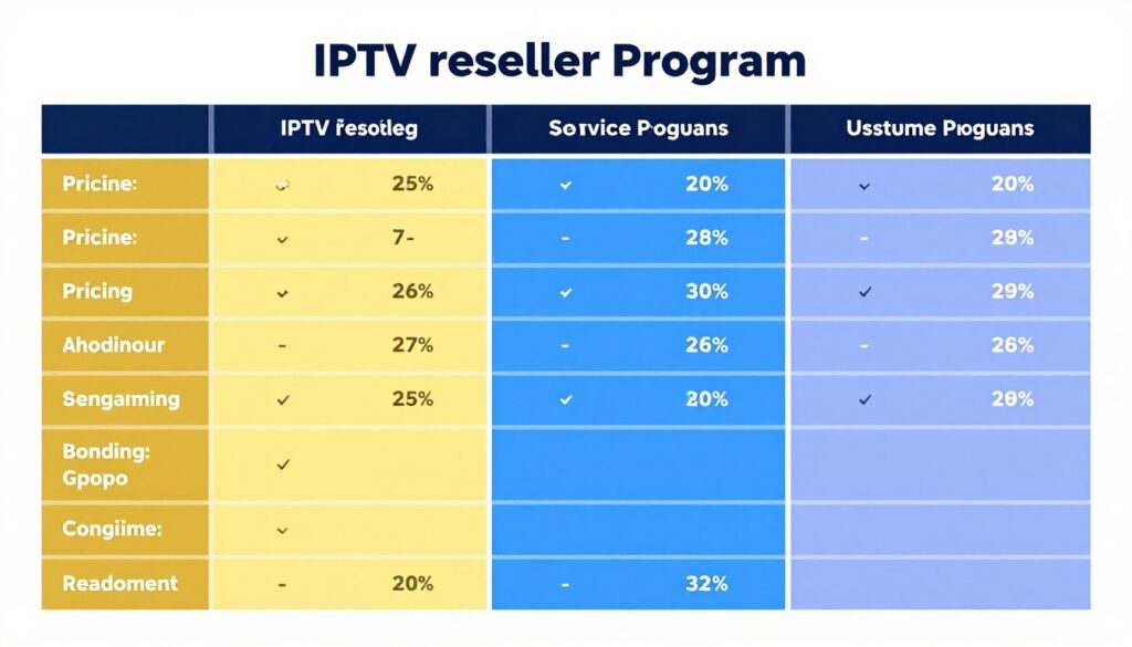 Generate an image of a comparison chart for IPTV reseller programs Generate an image of a comparison chart for IPTV reseller programs