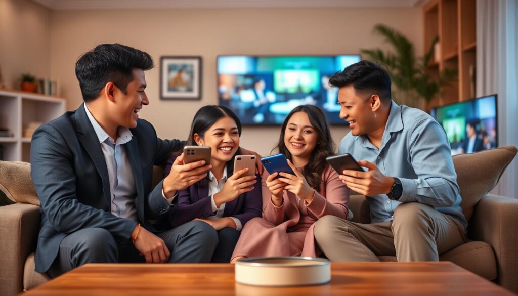 Generate an image of a family enjoying their favourite TV show on multiple devices, including Smart TVs, smartphones, and tablets. Generate an image of a family enjoying their favourite TV show on multiple devices, including Smart TVs, smartphones, and tablets.