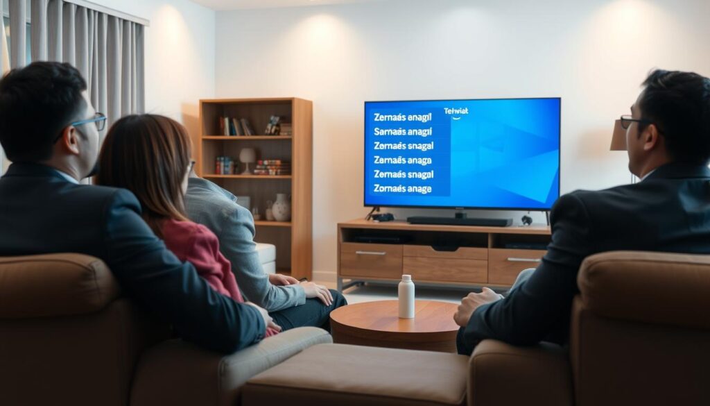 Generate an image of a family watching TV together with multiple language options on the screen. Generate an image of a family watching TV together with multiple language options on the screen.