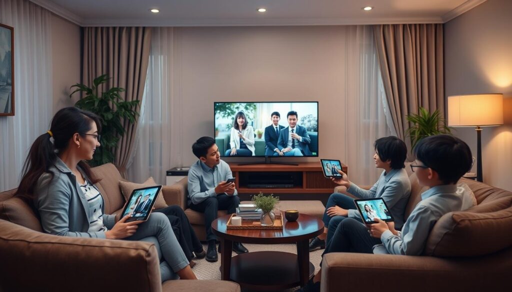 Generate an image of a family watching different TV shows on multiple devices using Hoxtoon IPTV Generate an image of a family watching different TV shows on multiple devices using Hoxtoon IPTV