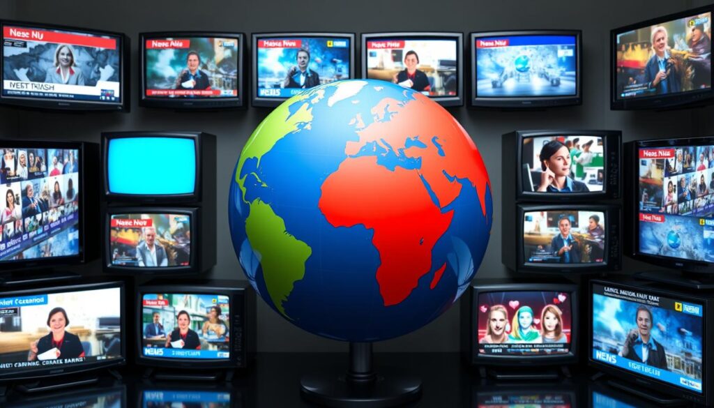 Generate an image of a globe surrounded by various TV screens displaying different channels