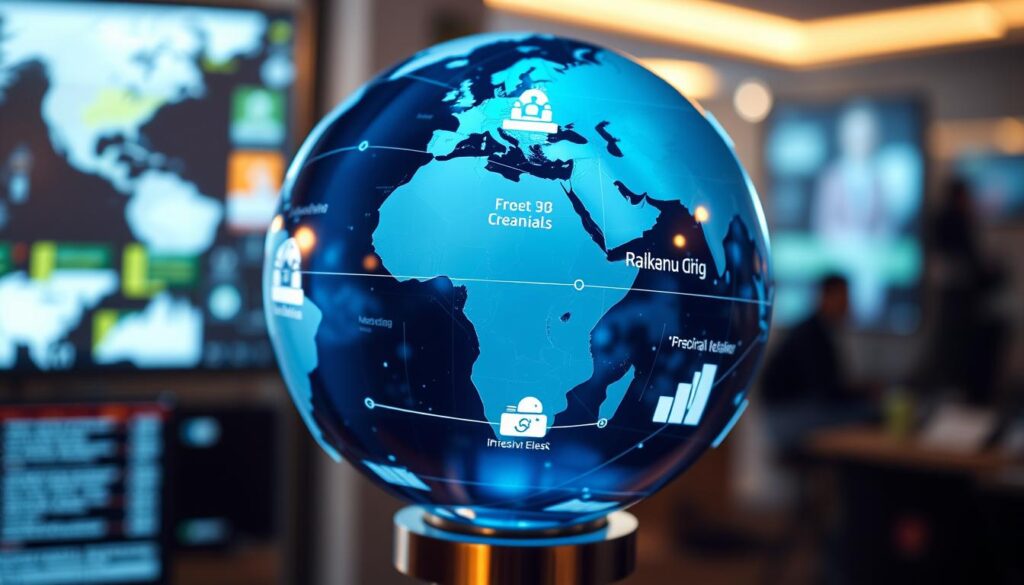 Generate an image of a globe with various international channels displayed on a screen. Generate an image of a globe with various international channels displayed on a screen.