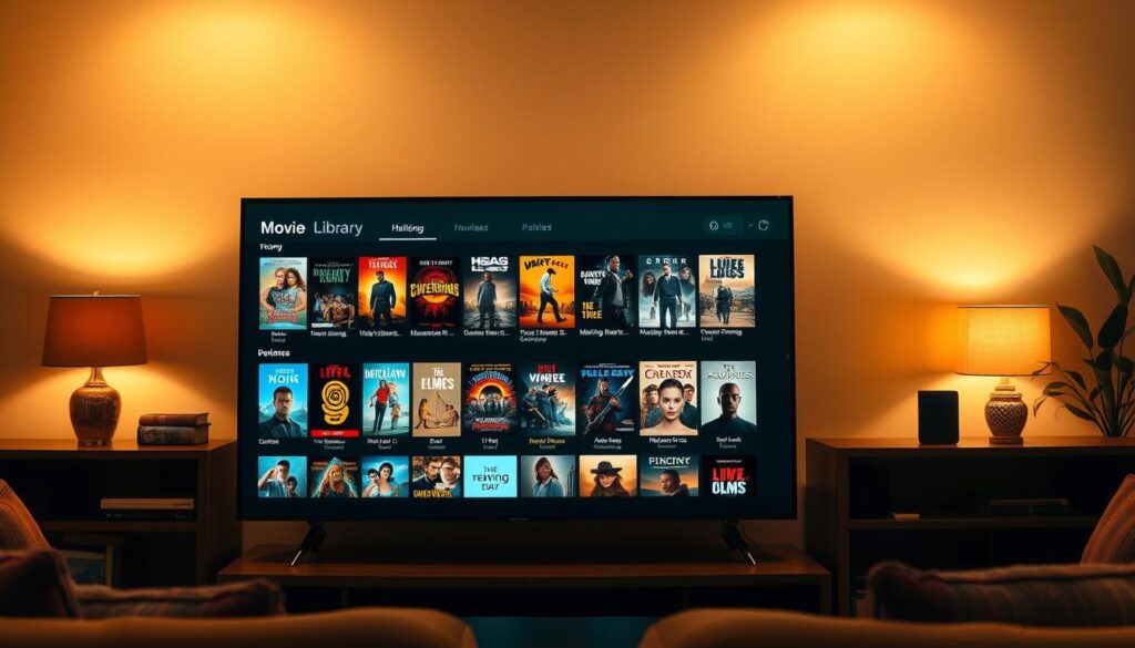 Generate an image of a movie library on a TV screen with various genres and release years displayed. Generate an image of a movie library on a TV screen with various genres and release years displayed.