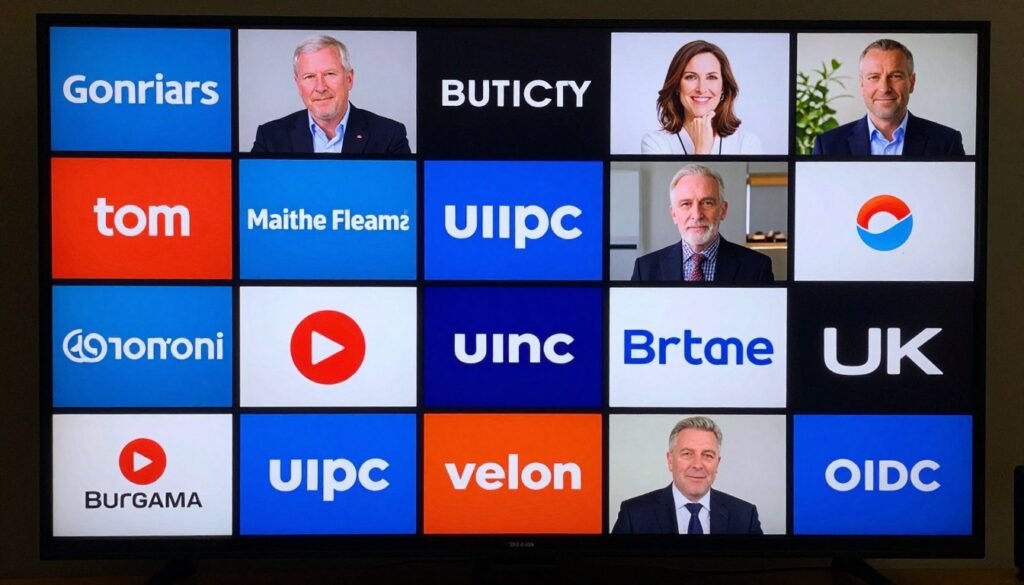 Generate an image of a multilingual TV screen displaying various European channels alongside UK content Generate an image of a multilingual TV screen displaying various European channels alongside UK content