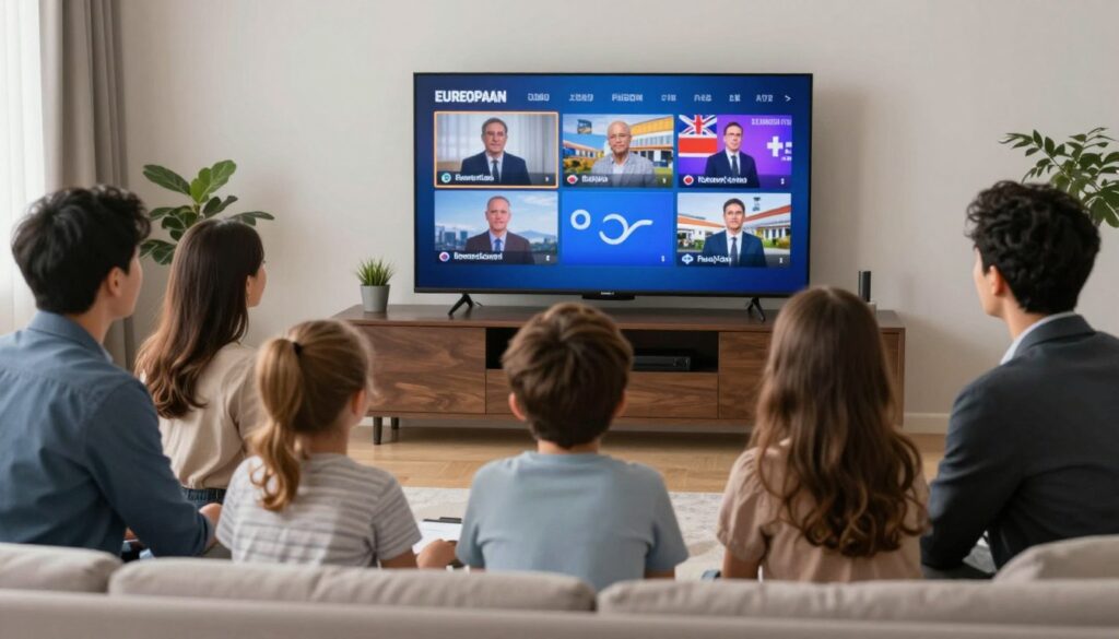 Generate an image of a multilingual family watching TV together with various European channels on the screen.