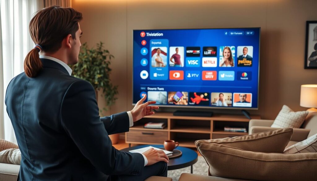 Generate an image of a person accessing various TV channels and content through the TiVistation IPTV service on their smart TV.