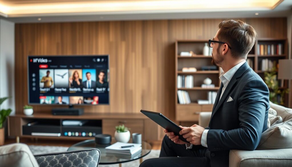 Generate an image of a person browsing through a VOD library on their smart TV. Generate an image of a person browsing through a VOD library on their smart TV.