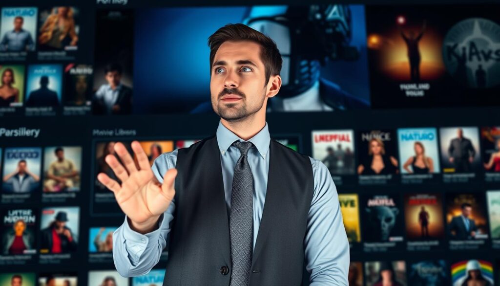 Generate an image of a person browsing through a vast movie library on IPTV Trends Generate an image of a person browsing through a vast movie library on IPTV Trends